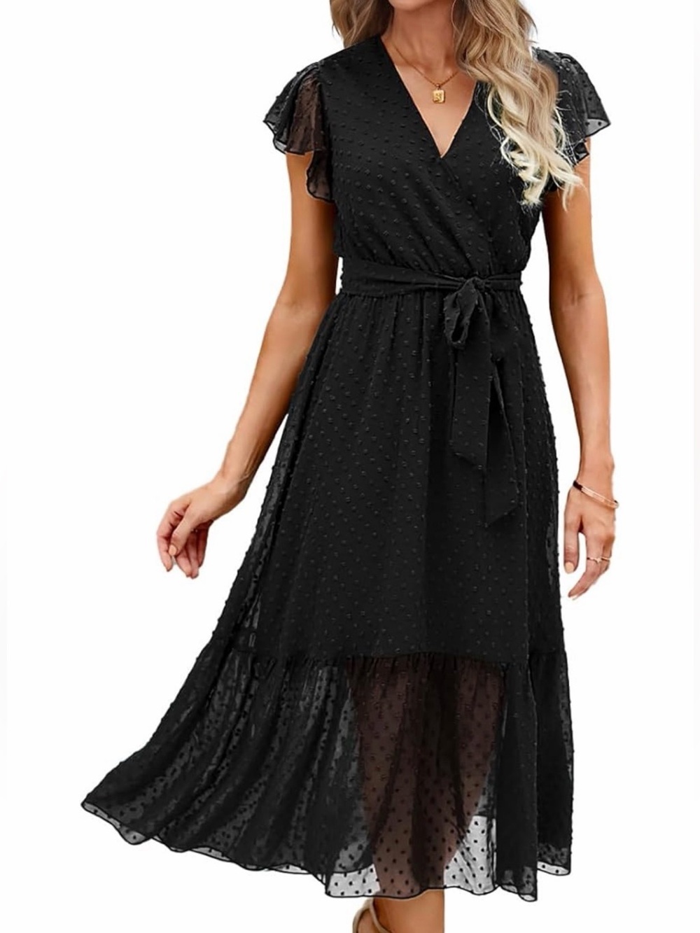 NWT Black Swiss-Dot Wrap Midi Dress with Tie Waist, Small